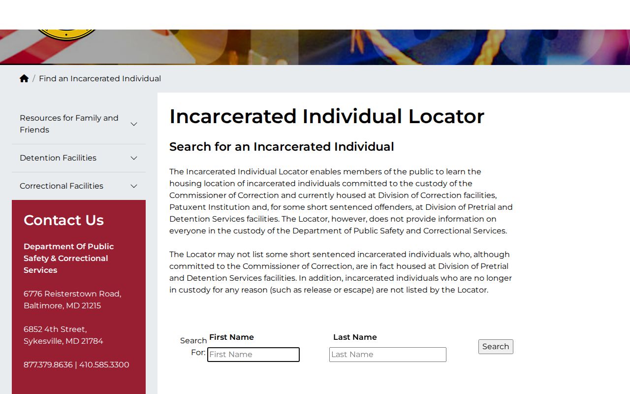 Maryland DPSCS current-custody locator limits for Calvert County projected release dates