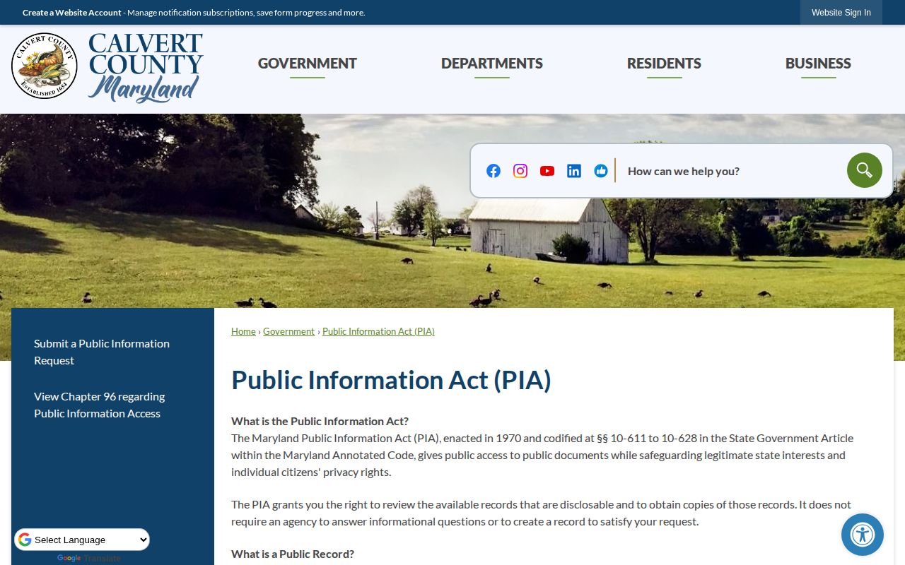 Calvert County released inmate record request through the official PIA portal
