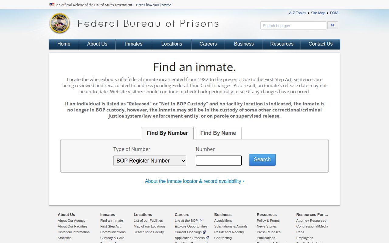 Federal BOP released-result format for a Calvert County released inmate search