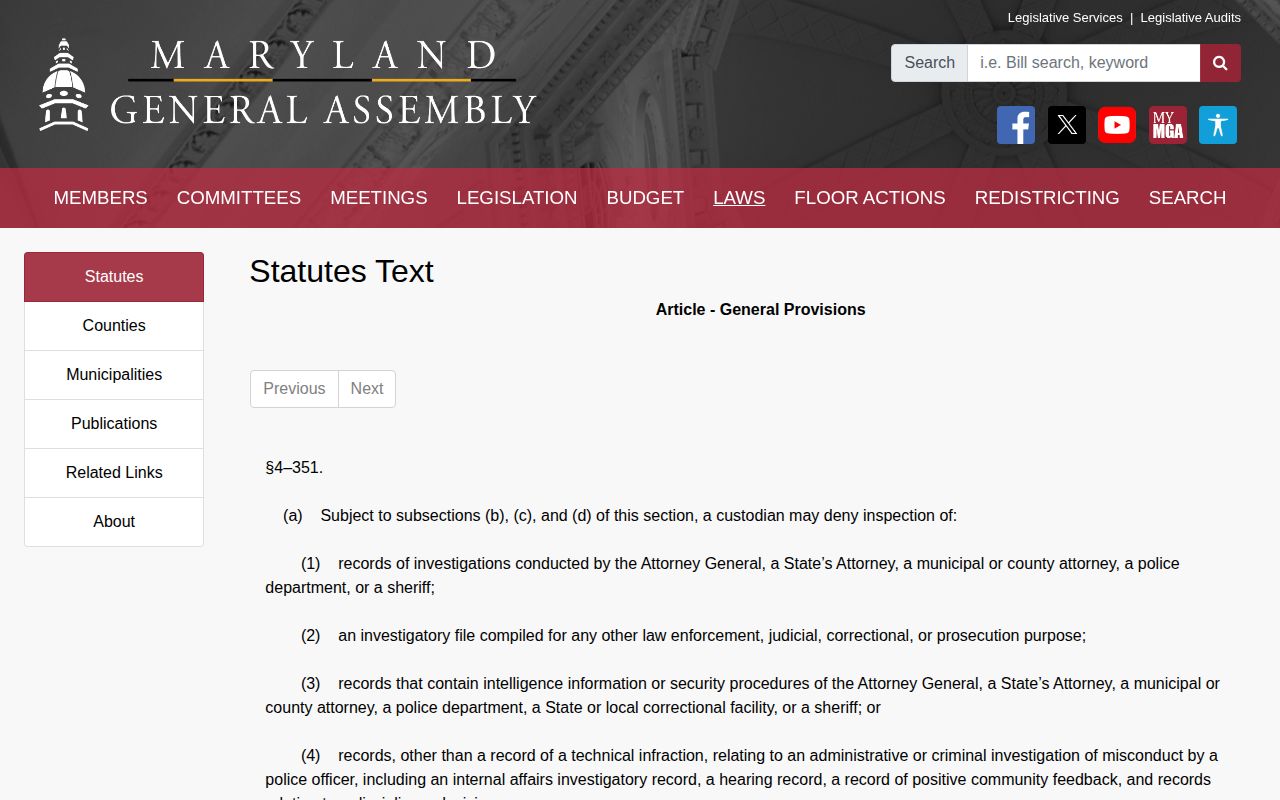 Maryland investigatory record law affecting Calvert County release mugshots