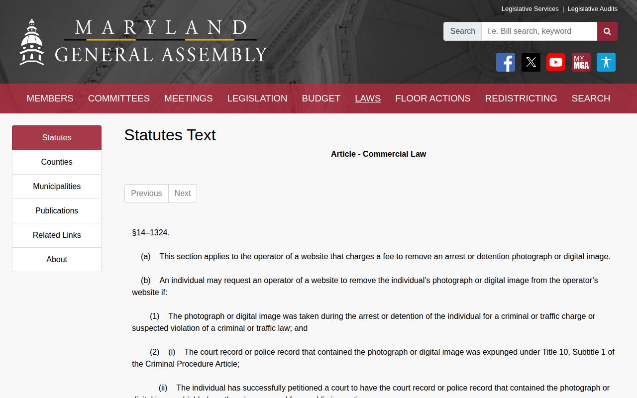 Maryland removal law for Calvert County release mugshots