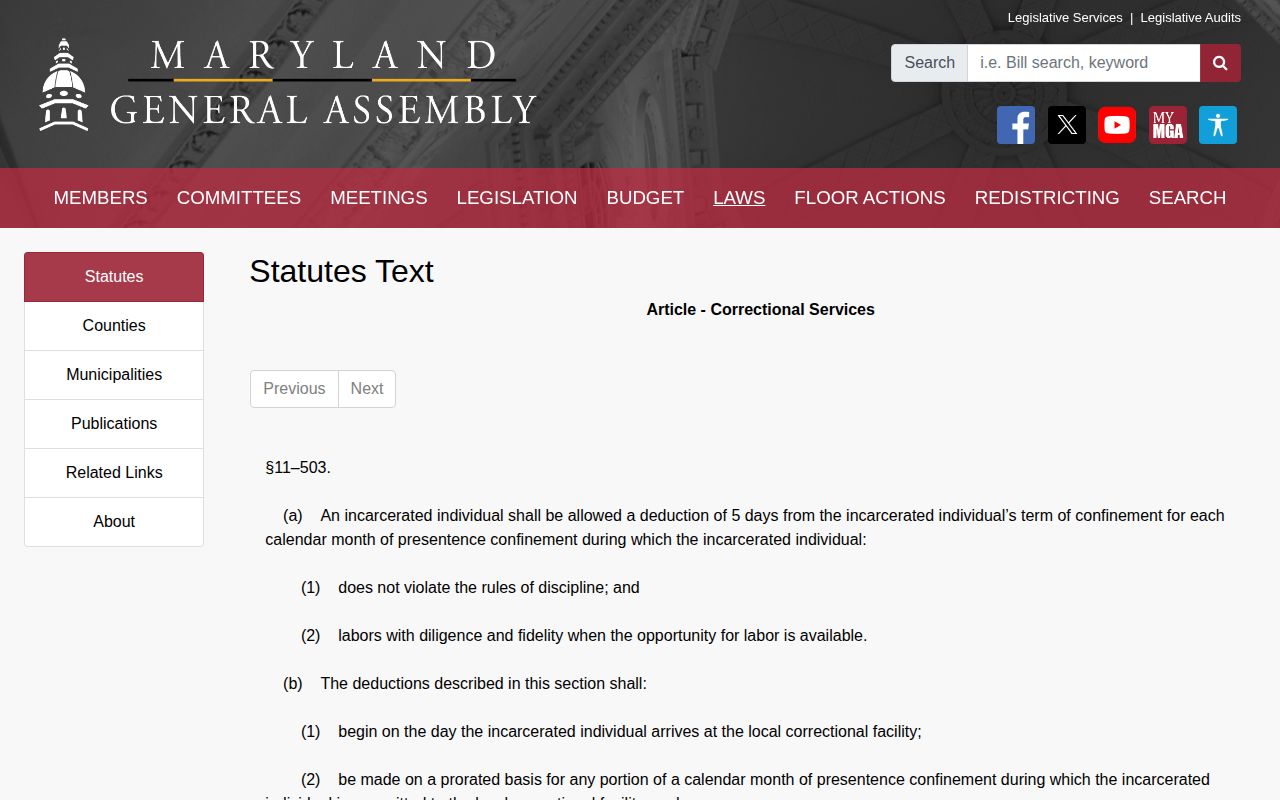 Maryland local presentence credit law for Calvert County jail release dates